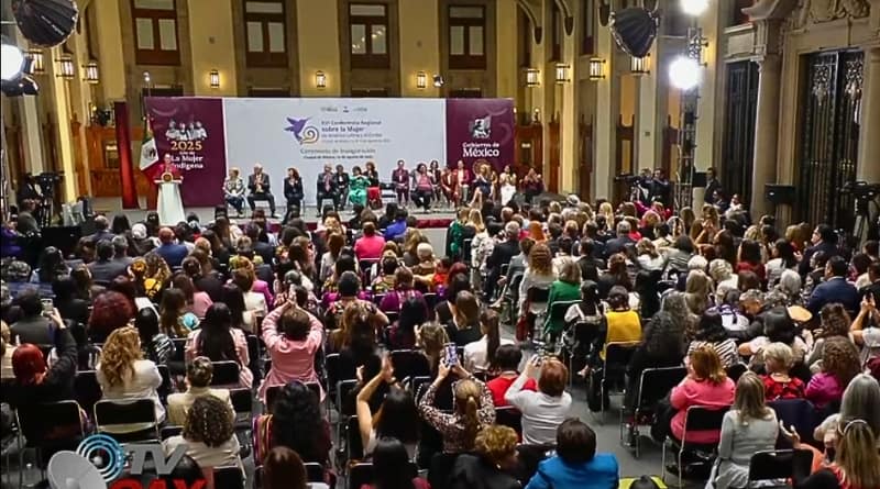 Claudia Sheinbaum inaugura en el Palacio Nacional la XVI Conferencia Regional sobre la Mujer con delegaciones de 46 naciones, en un llamado por una sociedad del cuidado.